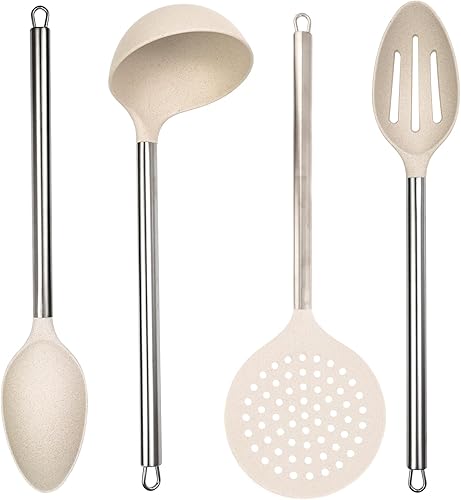 Beille Juego de utensilios de cocina de espátula de nailon gris con asas de madera de alta resistencia al calor, 4 piezas