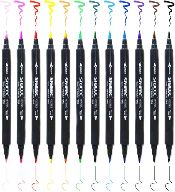 Watercolour Brush Pen Set,KXF 12 Colours Dual Tip Brush Pens Art Markers with Soft Flexible Brush Tip& Fineliner Tip,Watercolor Effects Markers for Adult coloring Book/Calligraphy/Lettering/Manga