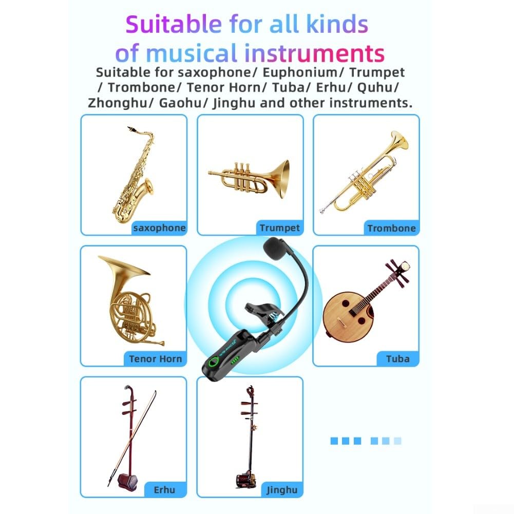 Sistema microfono per sassofono senza fili con audio HD 48 K/16 bit, portata 40 m e latenza 12 ms, microfono clip on ricaricabile per sassofono e tromba