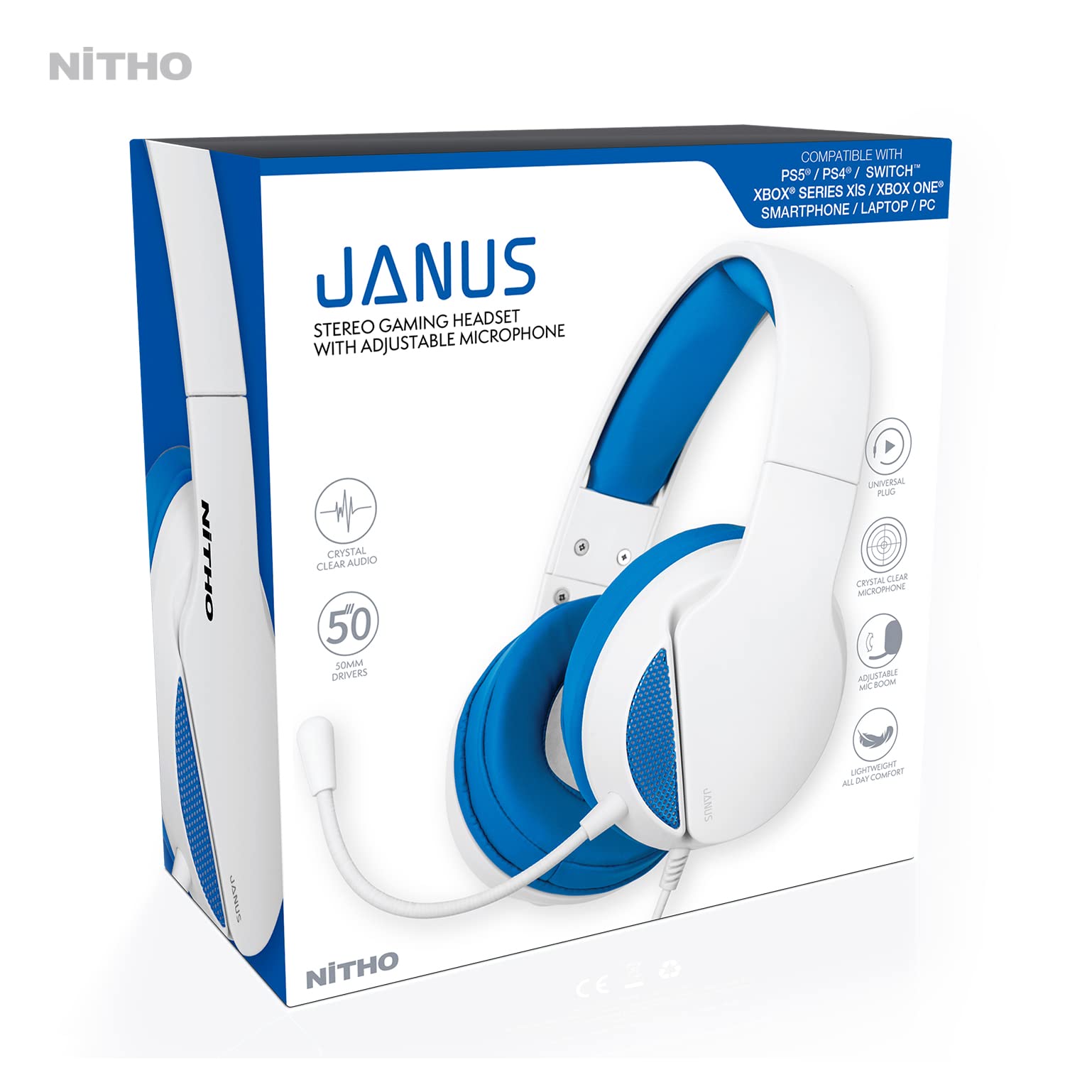 NITHO Janus Gaming Headset Over-Ear 50mm Driver Microphone Jack 3.5mm PC PS4 PS5 Xbox One Series X|S Smartphone Tablet Blu
