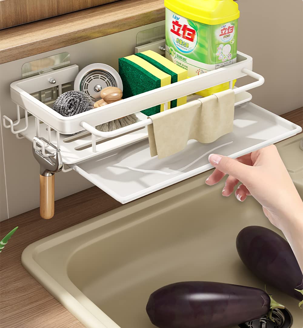 24HOCL Sponge Holder for Kitchen Sink, Sink Caddy, Rustproof Space Aluminum Dish Sponge Organizer with 2 Hooks and Divider, Soap Dish Dispenser Brush Holder Storage