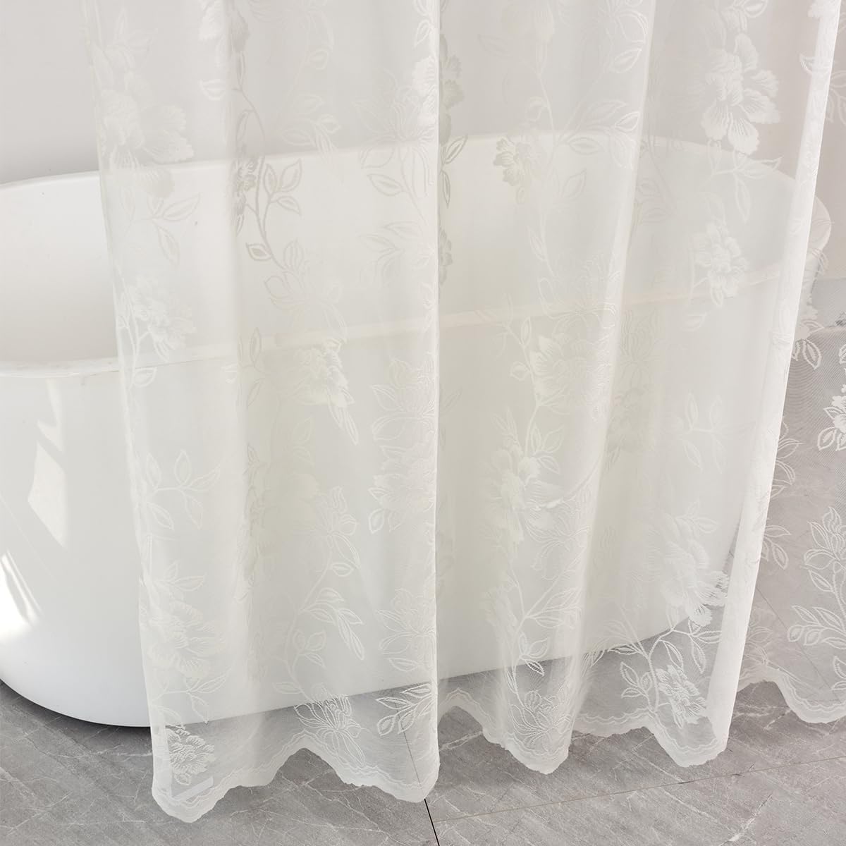 FINECITY Ivory Lace Shower Curtain for Bathroom, Rustic Vintage Lace Shower Curtain with Attahced Valance, Sheer Shower Curtain Panel, 72 x 72 Inch, 1 Panel, Ivory