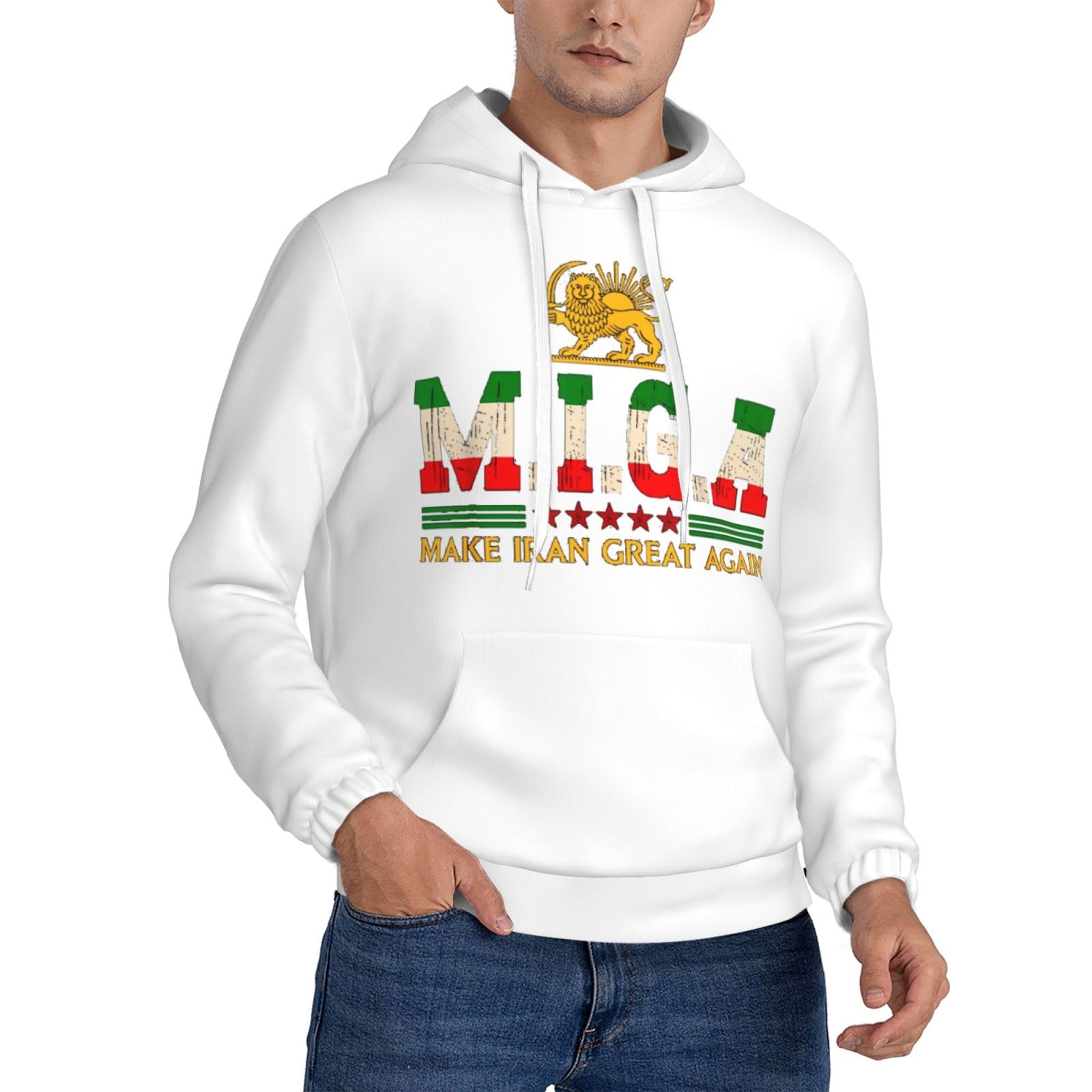 FJQWKLF Make Iran Great Again Hoodie for Men Women MIGA Old Iran Persian Flag Lion and Sun Sweatshirt S White