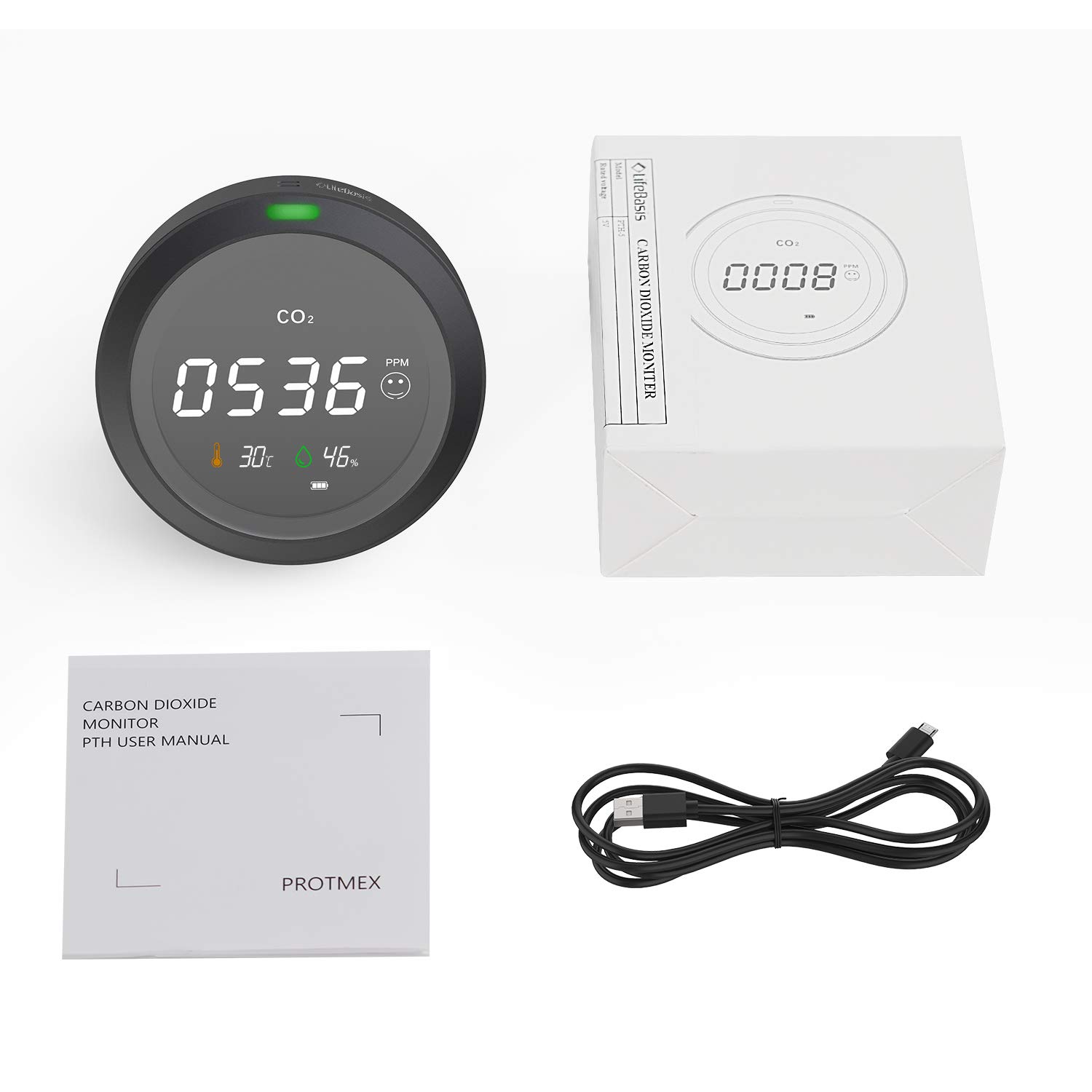 CO2 Messgerät-LifeBasis 3 in 1 Kohlendioxid Detektor, Temperatur-, Feuchtigkeits- und Luftqualitätsmessung, CO2 Meter Monitor Tester mit LCD Anzeige / 0-5000 PPM / 24-Stunden-Echtzeitüberwachung