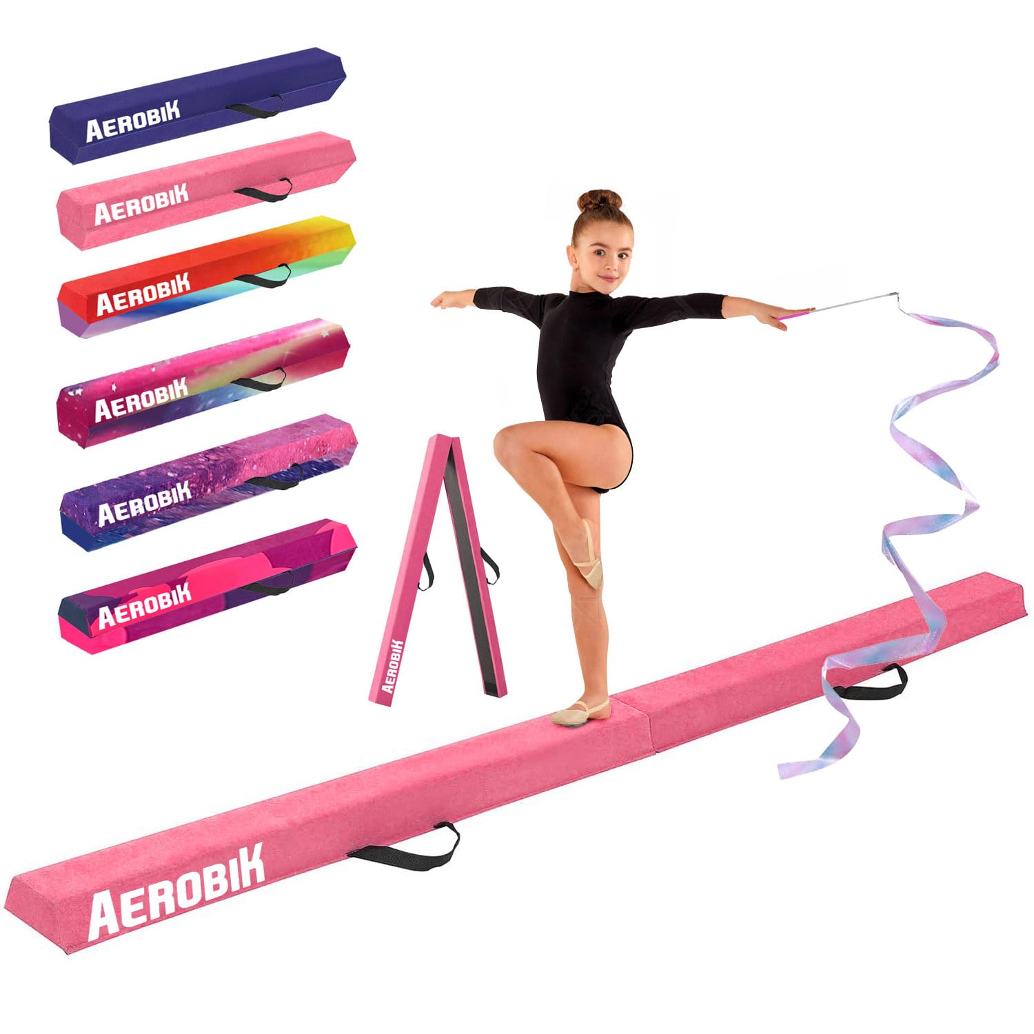 Aerobik | Folding Gymnastics Beam 240 cm Pink | Stable, Non-Slip and Washable | Kids/Adults | Gym Ribbon Included for Complete Training | Original Corner โ image 1