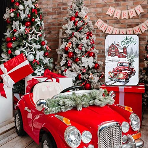 Image of Vintage Christmas Red Truck Wall Sign - Metal Plaque Sign Decorations - 8x12 Inch