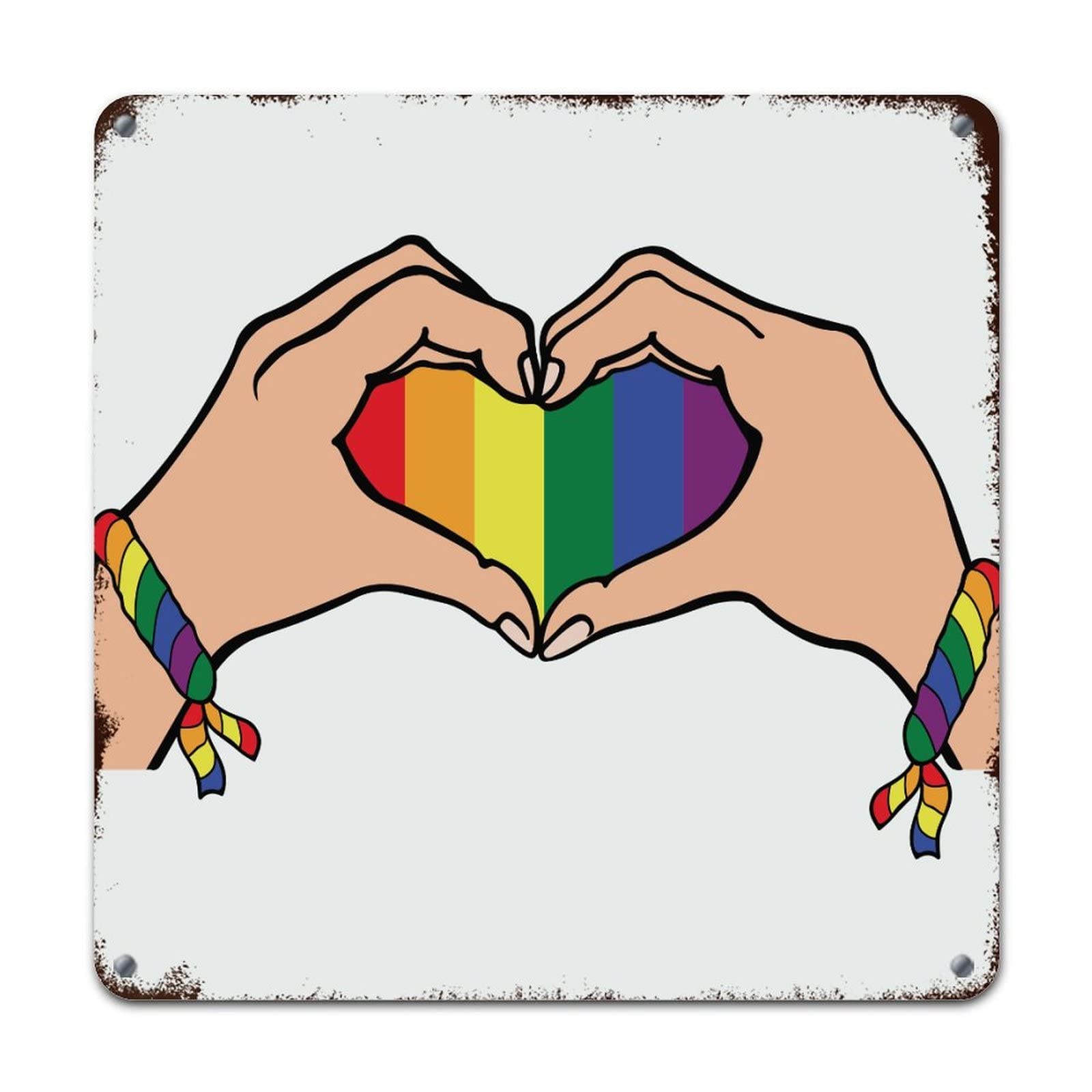 WoGuangis Gay LGBT Pride Hand Heart Retro Street Hanging Sign Pride Parade LGBTQ Metal Wall Sign Love Equality Rights Rainbow Aluminum Art Signs For Yard Garage Bar Coffee Garden 10X10In