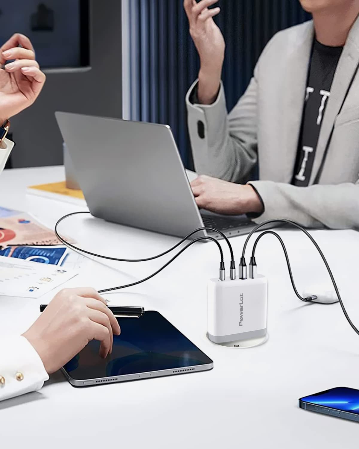 PowerLot 100W Caricatore USB C 4 Porte con GaN Pro, Alimentatore Multiplo USB, Caricabatterie USB da Muro Compatibile con MacBook Pro/Air M2, iPad Pro/Air/Mini, iPhone 14, Pixel 6, Laptop