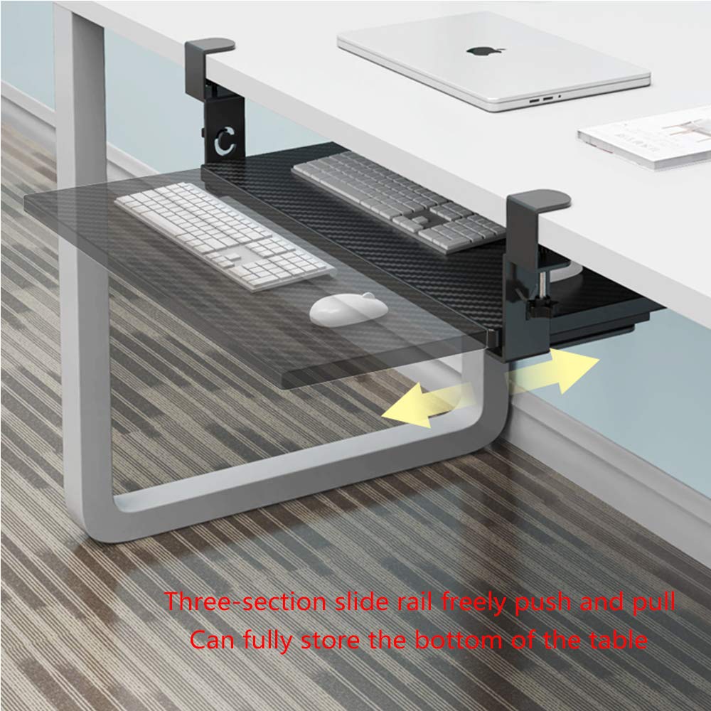 RD Ergonomic desk extension tray clamp, the keyboard tray is located