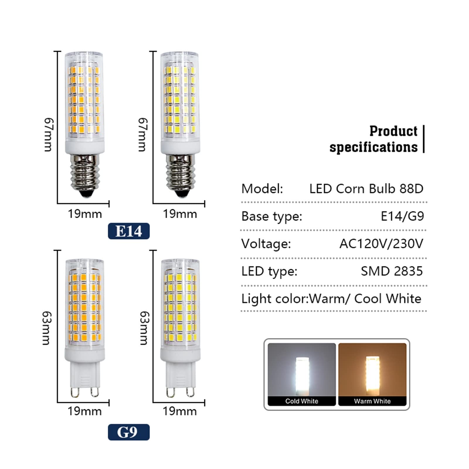 10 sztuk/partia G9 ściemnialna żarówka LED kukurydza E14 12W 110V 220V bez migotania lampa świeczki wymień 60W Halogen na oświetlenie żyrandola Lucky (Color : Cold- ­E14, Size : 220V - No-12W