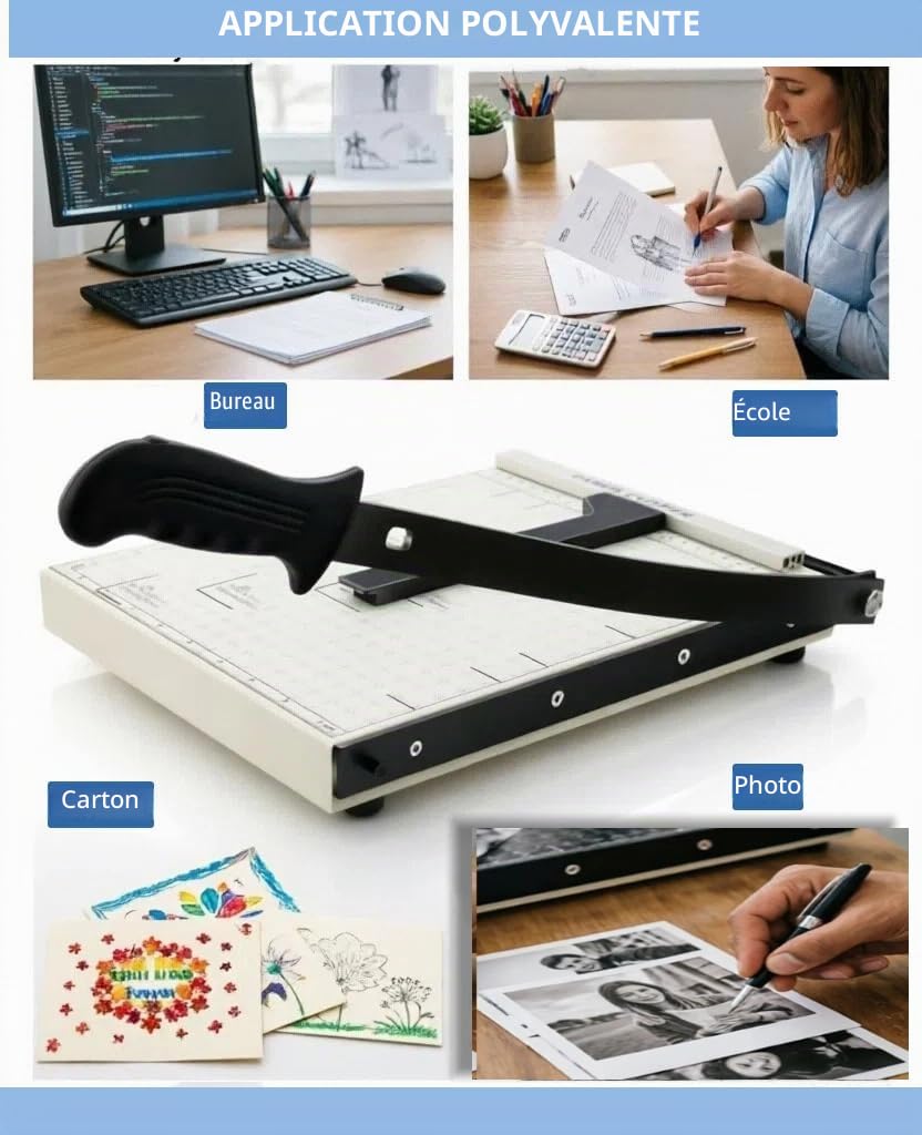 COOCHEER Massicot A4 Professionnel 47 cm, Coupe-Papier Base en Métal, Capacité 12 Feuilles, Cisaille Papier pour Bureau, École et Loisirs Créatifs, Blanc