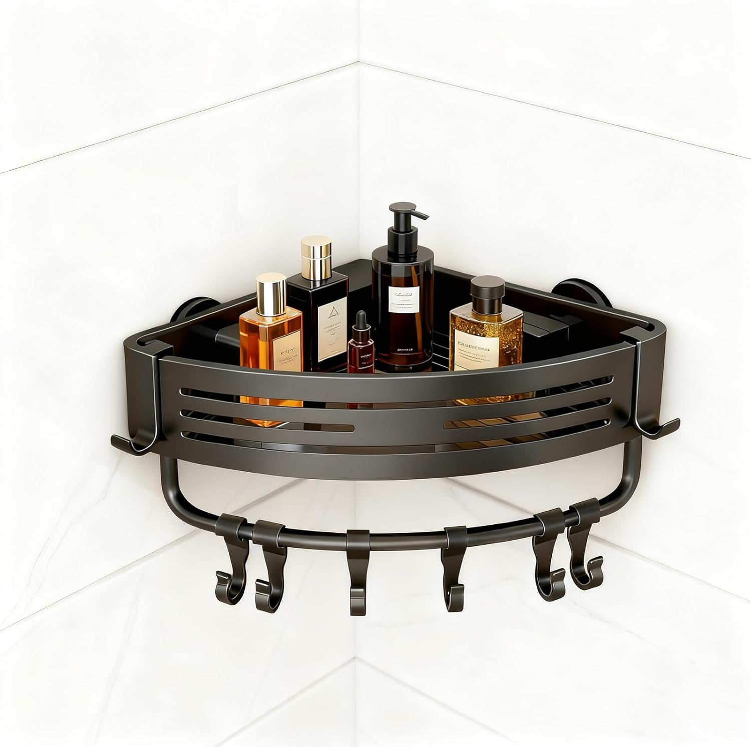 WangChangHong Aluminum Corner Shower Caddy Rust Proof Bathroom Organizer with Suction Cup Press Fit Tripod Design Storage Rack
