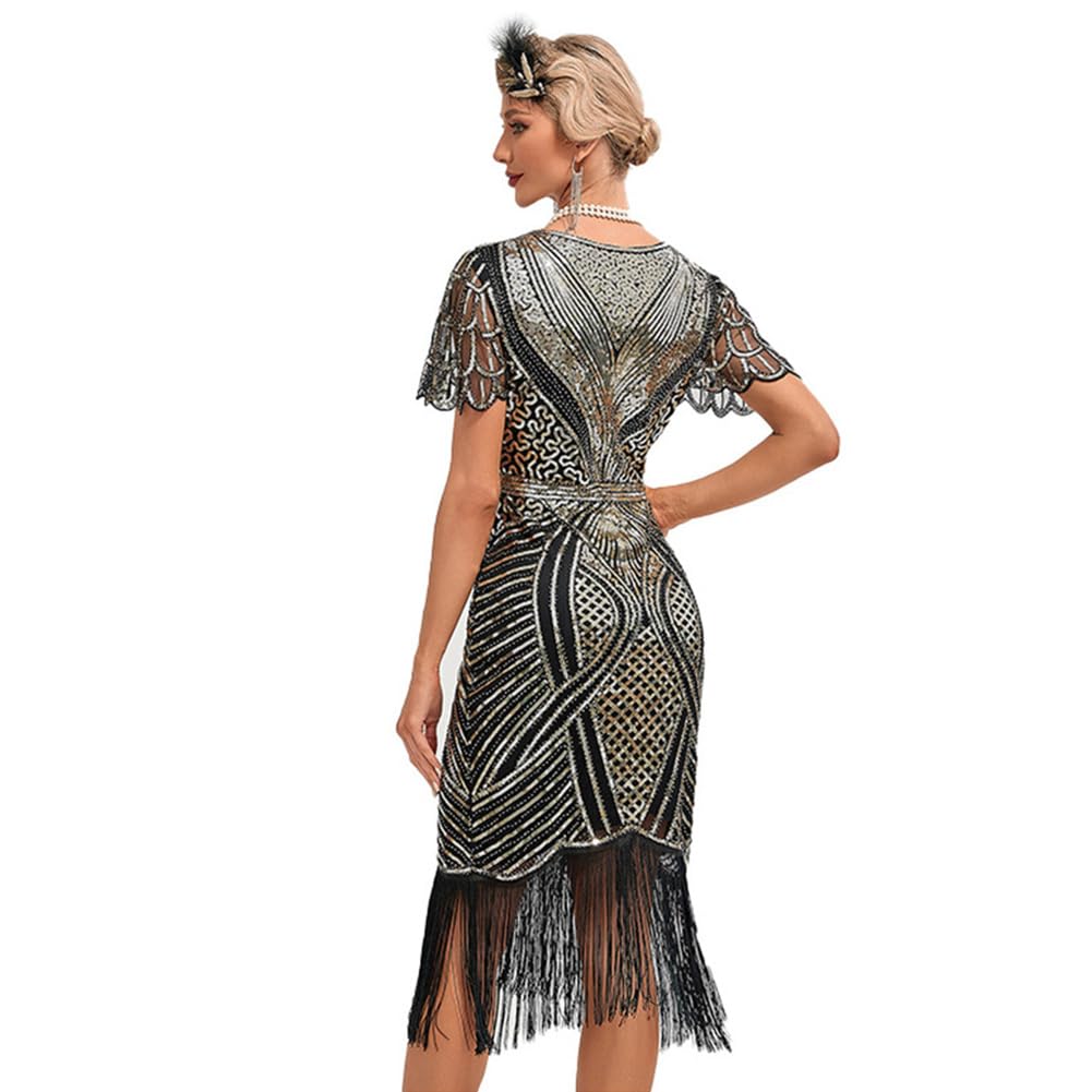 OBEEII 1920 Robes Femme Flapper V Cou Paillette des années 1920 Flapper Frangée Gatsby Robe pour Fête Bal Latine Soirée Art Déco