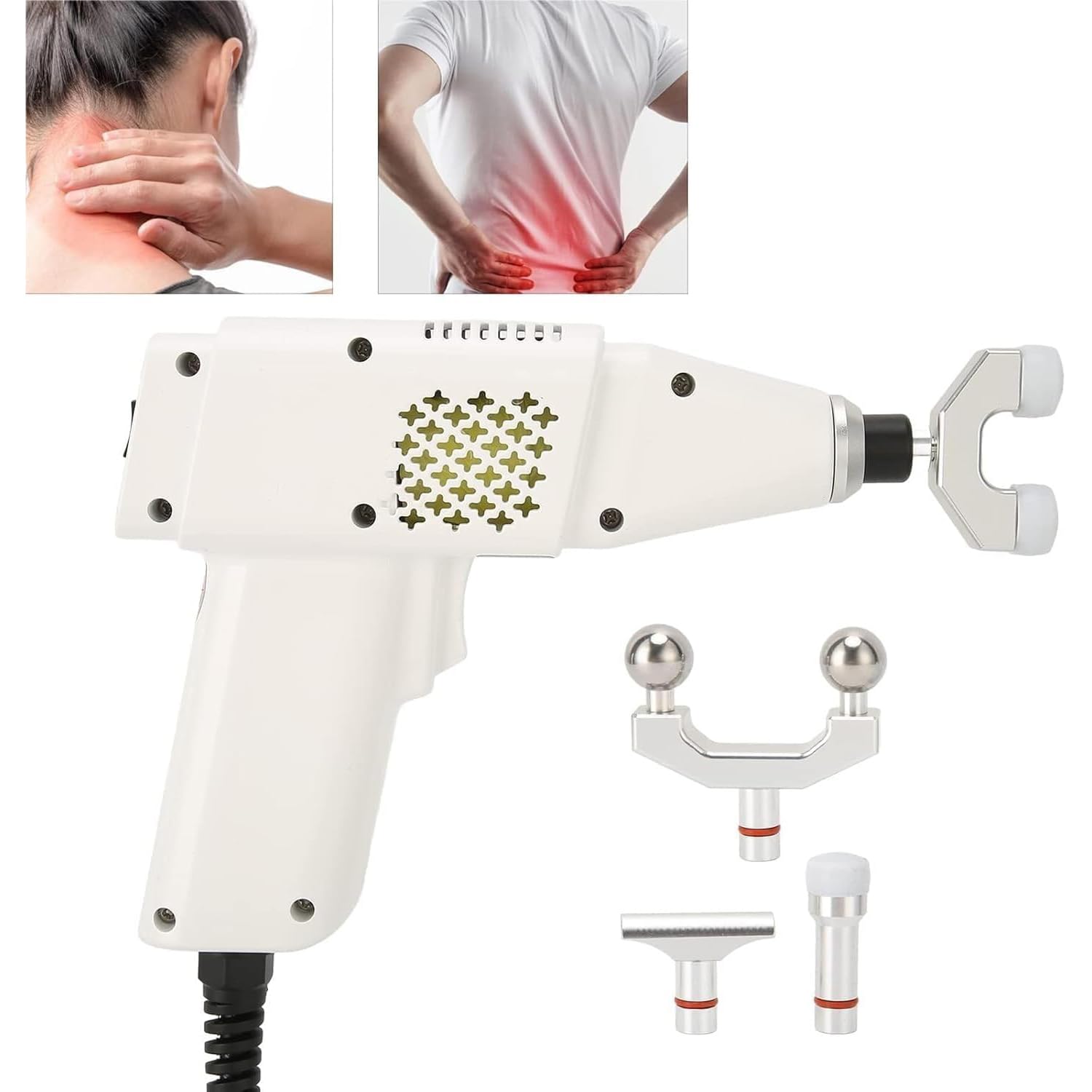 Narzędzie do regulacji chiropraktycznej, elektryczny pistolet impulsowy z 4 głowicami do masażu, masażer mięśni tkanek głębokich, 3 poziomy intensywności, do łagodzenia kręgosłupa szyjnego