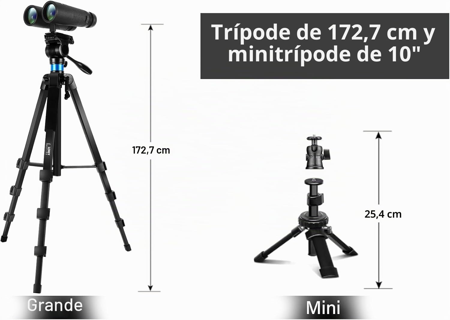 Prismáticos Trípode 173 cm y 25 cm Mini Trípode, con Adaptador y Placas QR, Soporte para Teléfonos/Tablets, Compatible con Prismáticos/Telescopios Terrestres/Cámaras