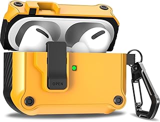 R-fun Airpods Pro 2nd Generation/1st Generation Case Cover with Automatic Snap Switch, Secure Lock Clip Super Protective for Airpods Pro Case (2019/2022) with Keychain for Men Women，Yellow
