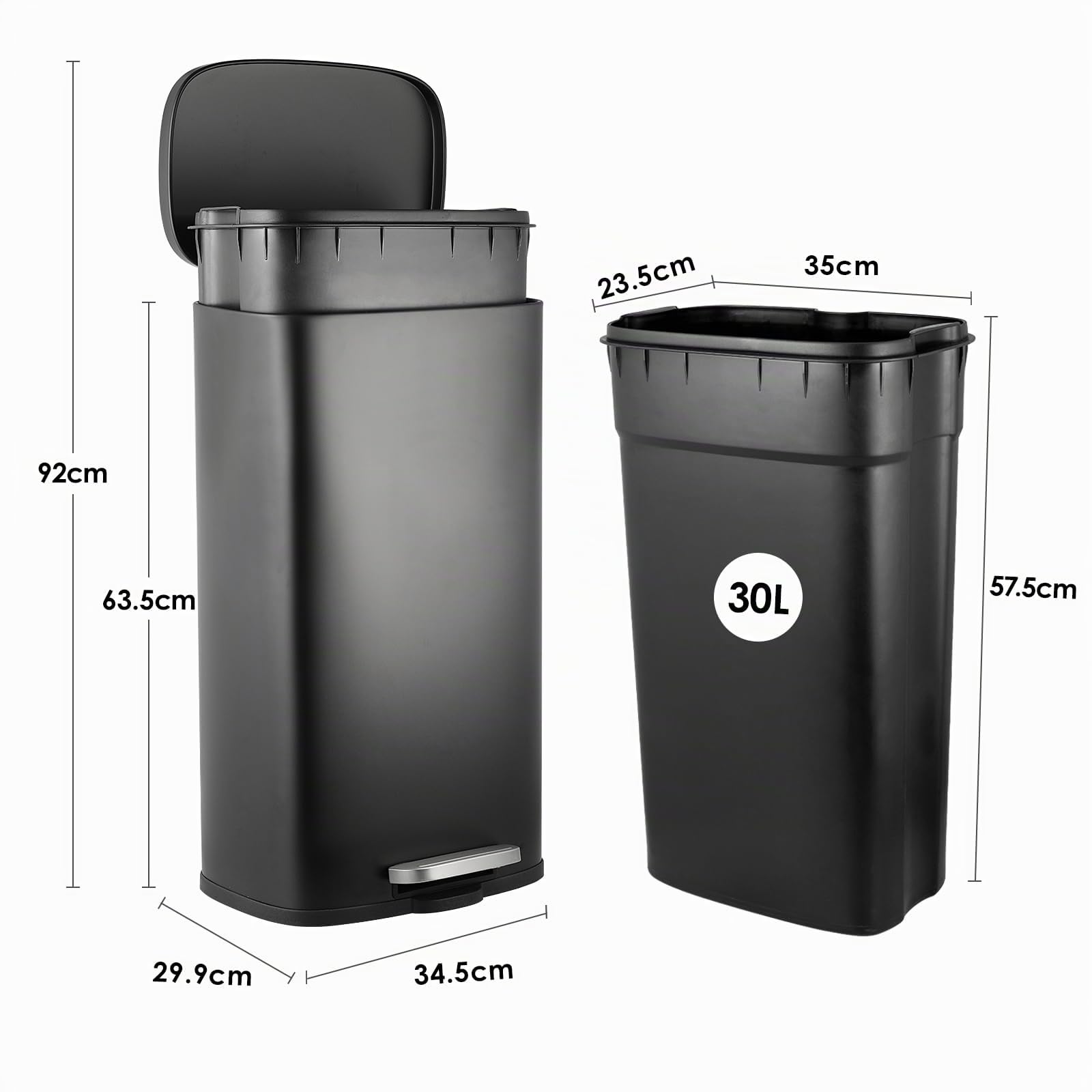 LIFERUN Cubo de Basura Cocina 30 Litros, Cubos Basura Metálicas, Papelera Grande con Tapa de Cierre Suave y Cubo Interior, per Cocina, Baño, Wc u Oficina, Negro