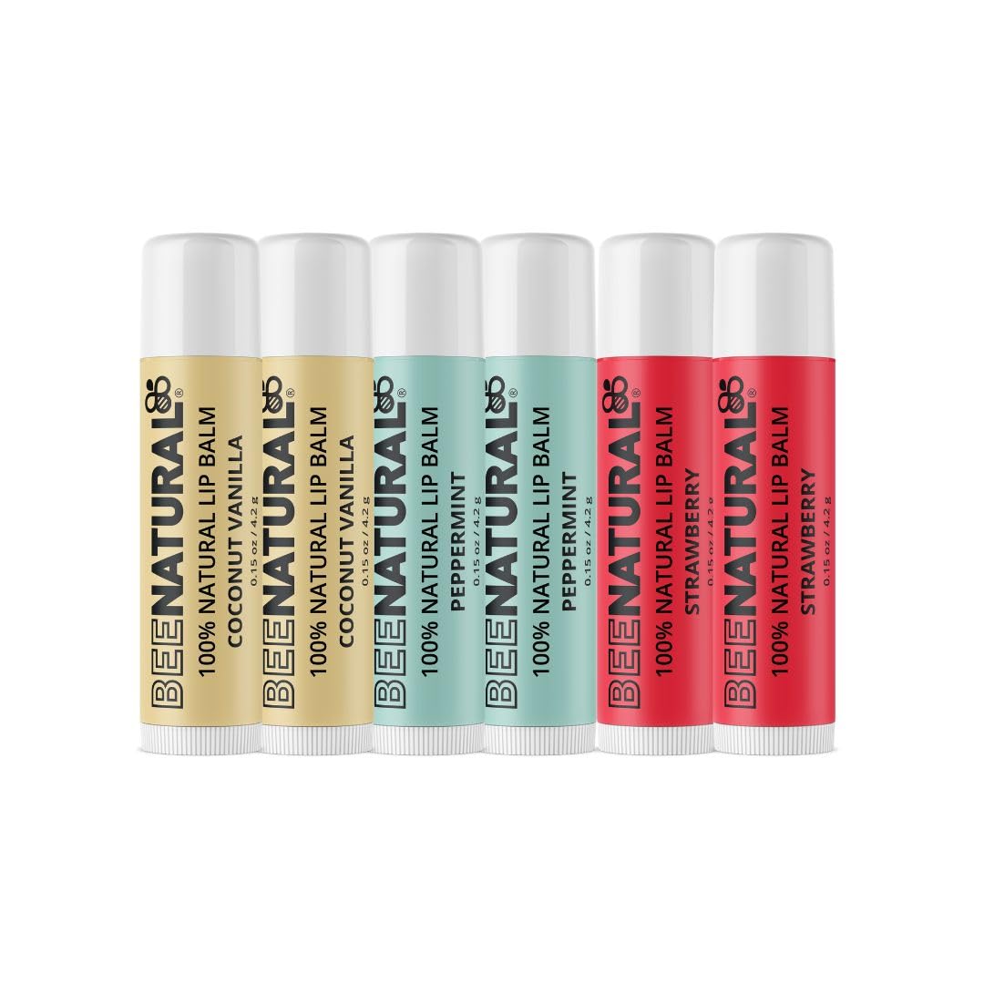 100% Natural Moisturising Lip Balm - Multi Flavour (Peppermint, Coconut Vanilla, Strawberry) Pack of 6