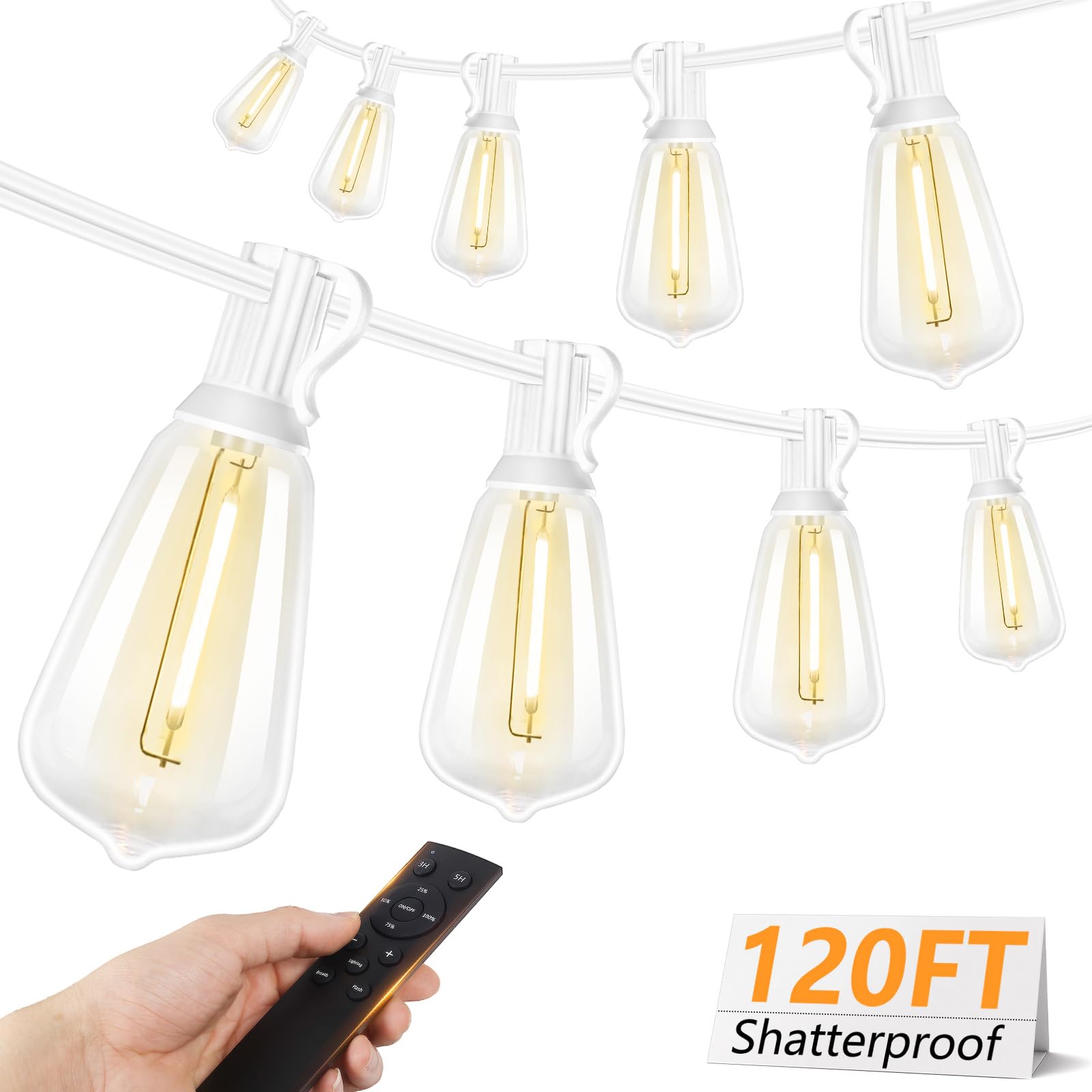 Brightever LED-Lichterkette für den Außenbereich, mit Fernbedienung, 38 bruchsichere Edison-Glühbirnen, dimmbar, für Geburtstag, Party, Weihnachtsdekoration, 38 m, Weiß