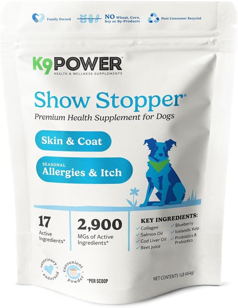 K9Power Show Stopper – Awarded #1 Dog Skin & Coat Product – Supports Allergy Relief, Itchy Skin, Shedding, Dull Coat – Salmon Oil, Collagen, Kelp, Zinc, Probiotics, Beet Juice, Vitamin C