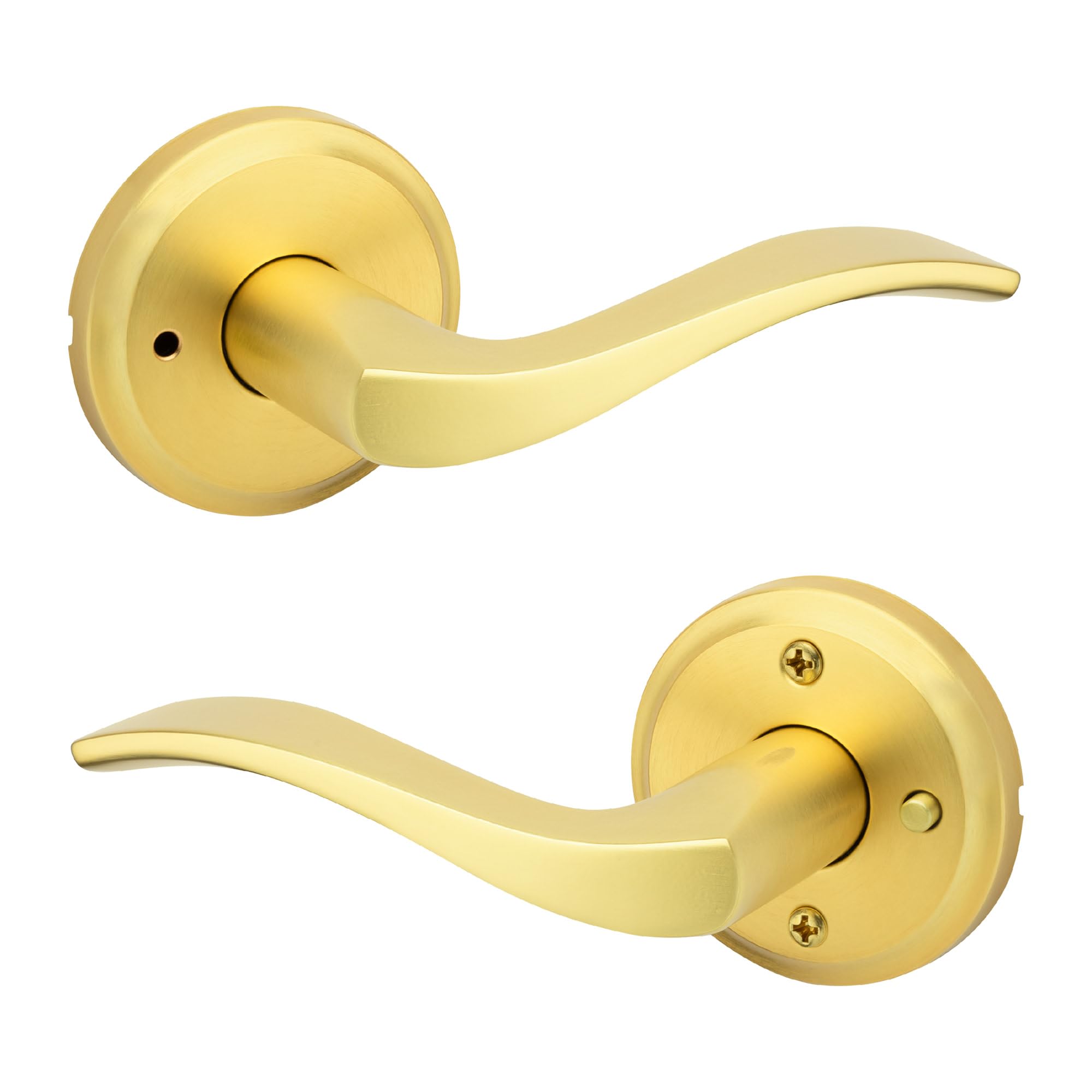 Kwikset Sedona Klamka do drzwi wewnętrznych z zamkiem, klamka do drzwi do łazienki i sypialni, satynowy mosiądz, odwracalna, bezkluczykowa, z ochroną przed mikrobami