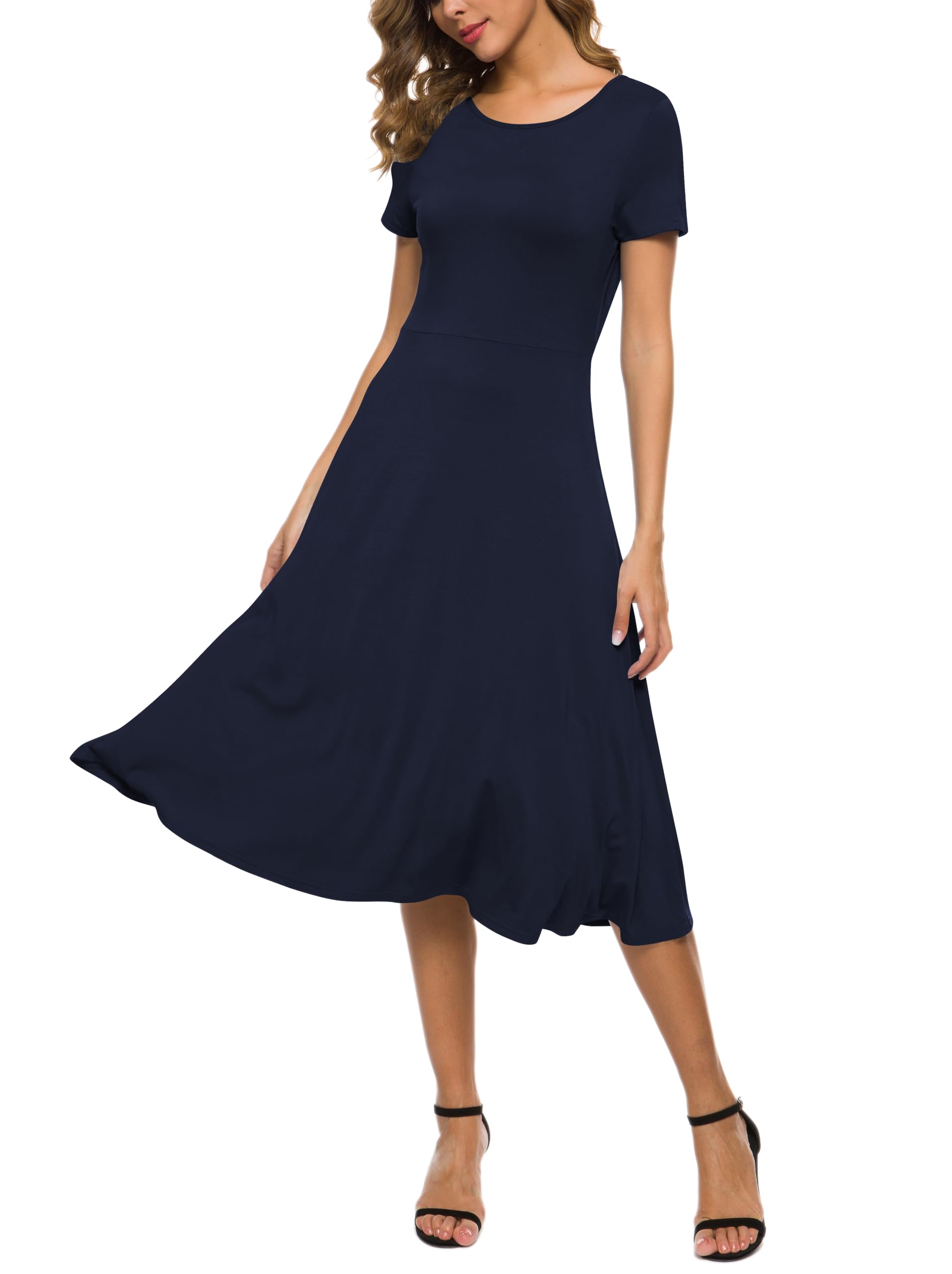 EXCHIC Mujeres Casual Sólida Cuello Redondo Midi Vestido Elástico Manga Corta Verano Vestido Largo