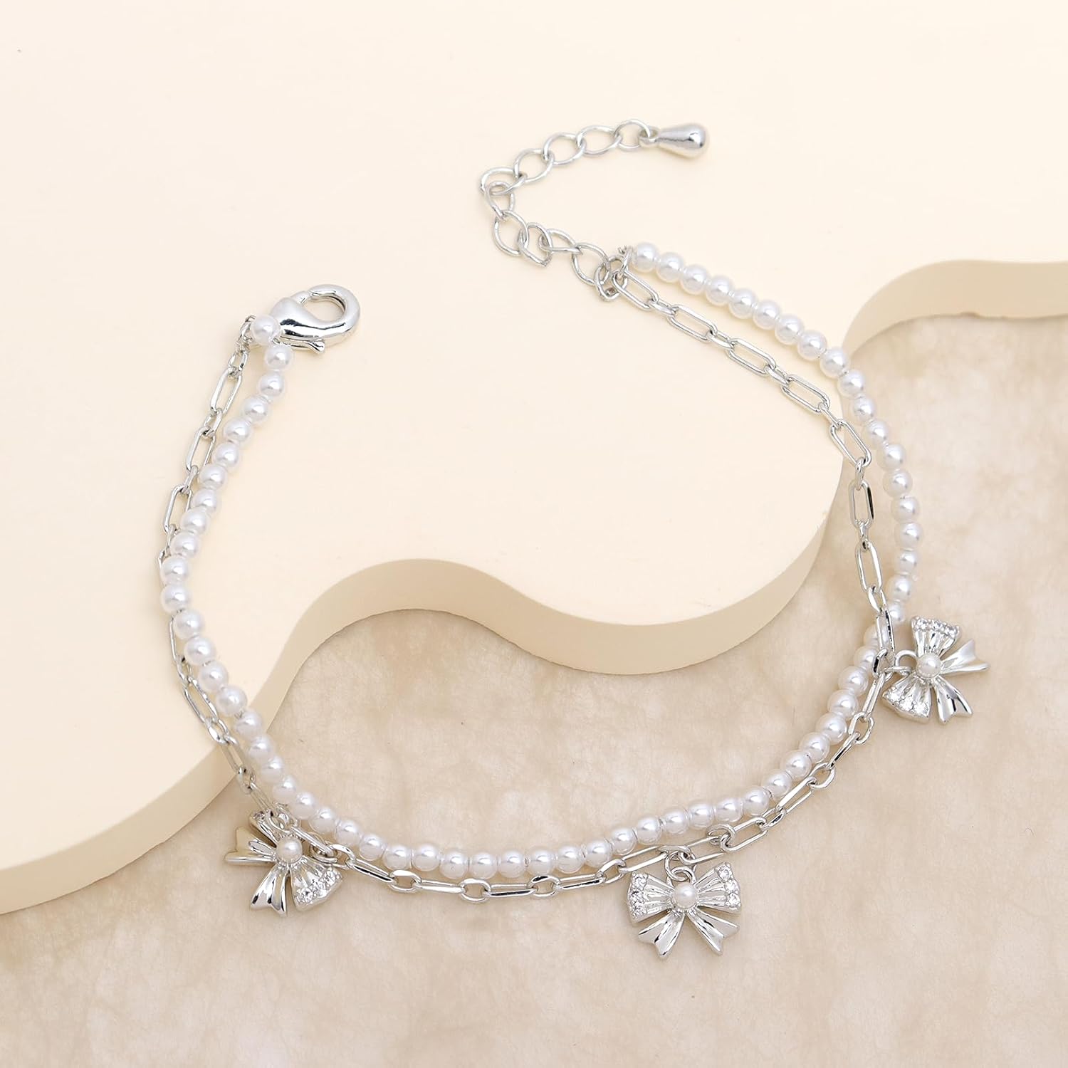 Gold Silver Heart Star Bow Rhinestone Link Bracelet for Women, Handmade Adjustable Pearl Stackable Chain Bracelets Prom Fashion Jewelry Accessories Gift - Image 5