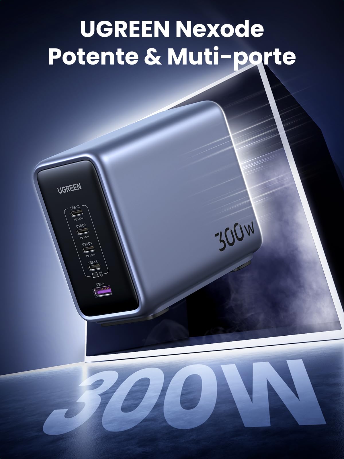 UGREEN Nexode Caricatore USB C GaN da 300W, Caricabatteria PD 3.1 con 5 Porte, Allimentatore a Porta Singola da 140W Compatibile MacBook iPhone 16 iPad Galaxy S24 Pixel Steam Deck con 240W Cavo 1.5M