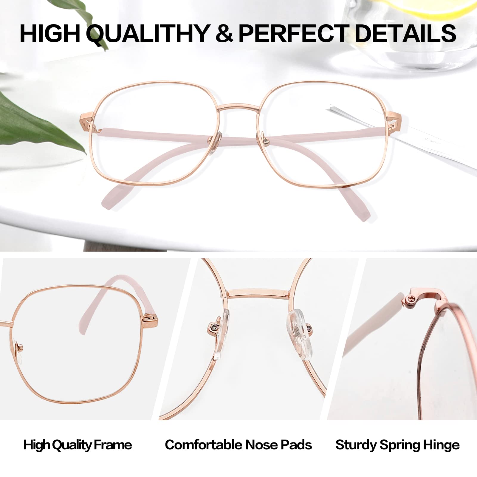 KAEOISFU Oversized Square Metal Reading Glasses Women, Stylish Large Anti Blue Light Computer Readers, Anti Glare Lady Reader - Image 3