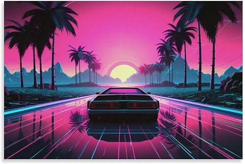 Vaporwave - Póster e impresiones futurista de automóvil con diseño de palmera retrowave de los años 80, arte de pared para el automóvil, decoración disponible en Yaxa Costa Rica