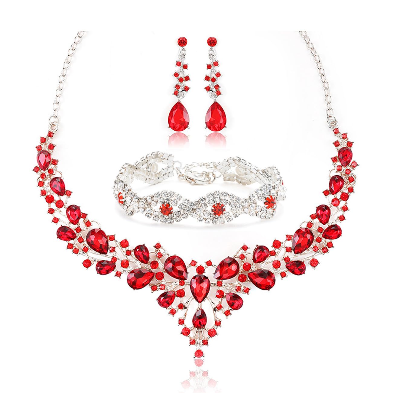 TOEECY Conjuntos de Joyas Novia Elegante Juego de Boda Cristal Collar llamativos Diamantes de Imitación Pulseras Lágrima Pendientes Compromiso Fiesta Prom Joyas