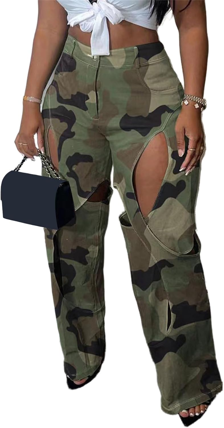YOOTIKO Womens Camo Cargo Pants High Waisted Army Fatigue Straight Leg Camouflage Trouser Streetwear