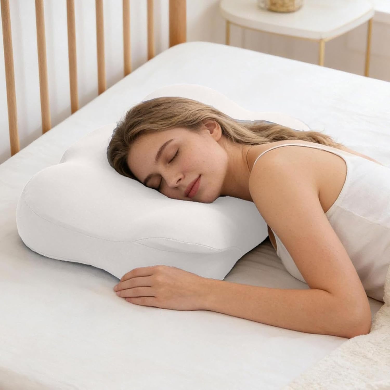 Cloud Neck Pillow, Ergonomic Memory Foam Cervical Support, Adjustable, Breathable Pillowcase, for Side Back Stomach Sleepers (Light Blue)
