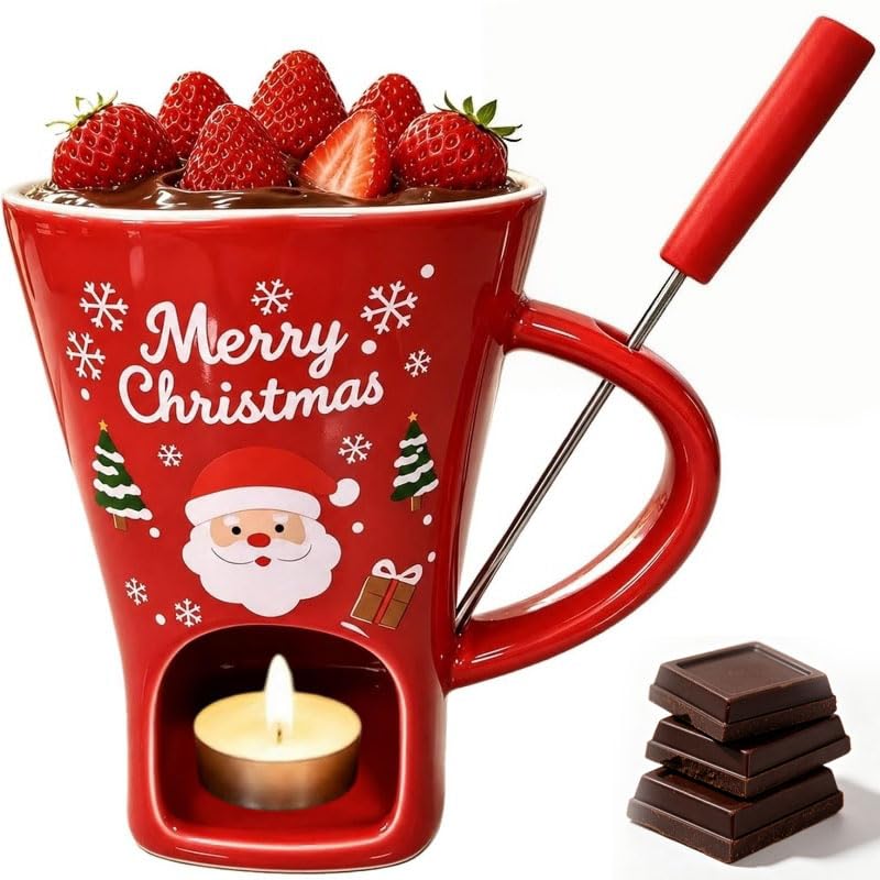 Christmas Chocolate Fondue Mug, Ceramic Melting Pot with Fork, Tea Light Warmer for Chocolate & Cheese, Holiday Christmas & Halloween Home Gifting, Red