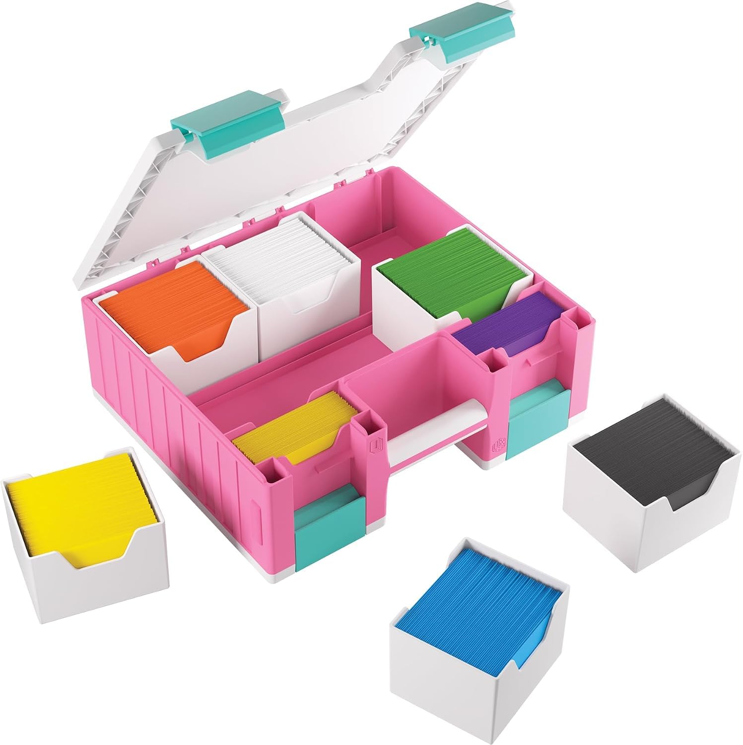Asmodee Gamegenic - Game Castle Pink White Teal - boîte de rangement transportable pour accessoires de jeux et cartes, rangement pour jeux de société avec bandoulière réglable, mallette tout-en-un