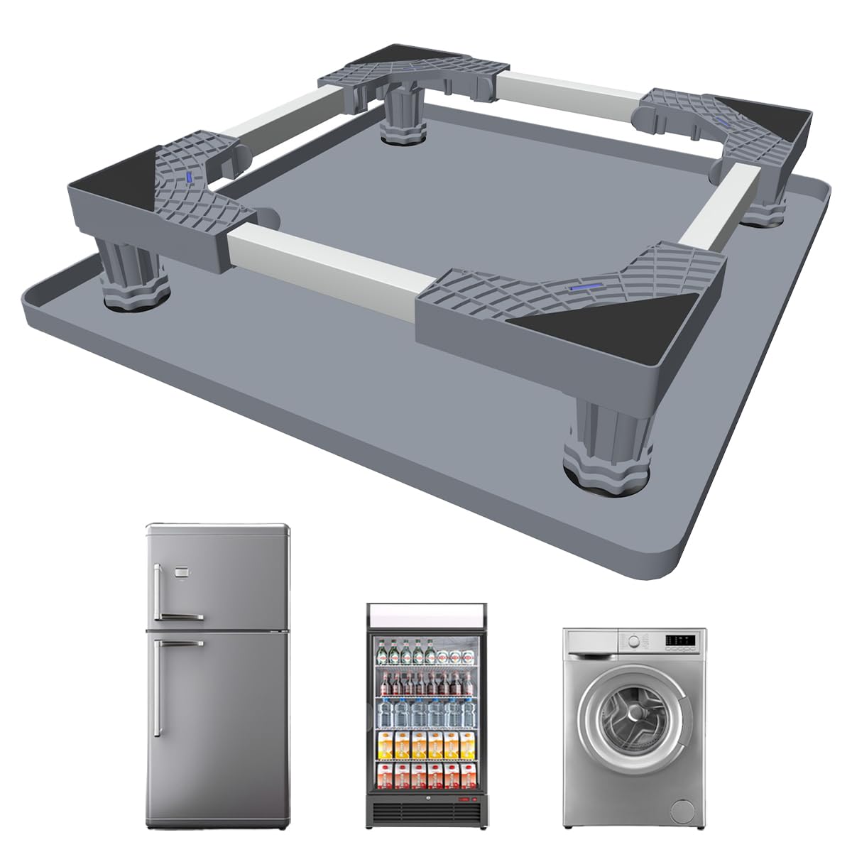Photo 1 of KUPAO Mini Fridge Stand with Silicone Drip Tray, Universal Adjustable Base with 4 Strong Feet, 23.6" x 23.6" Mini Fridge Mat, Suitable for Small Refrigerators, Portable Compact Washer or Dryer, Grey