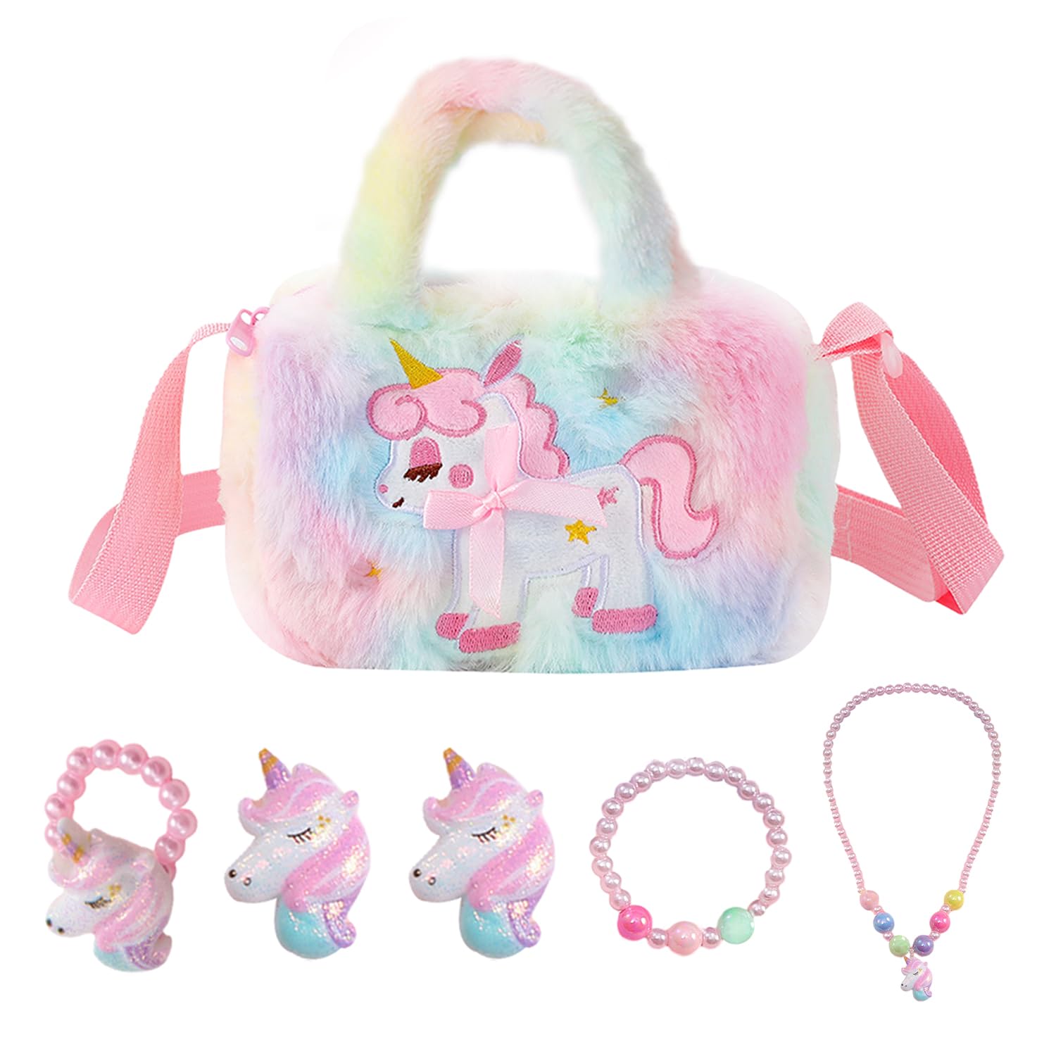 Bolso de mano de animal de 1 pieza con juego de collar de 5 piezas, bolsa arco iris para niñas, regalo dulce para guardar joyas, bolso de peluche,