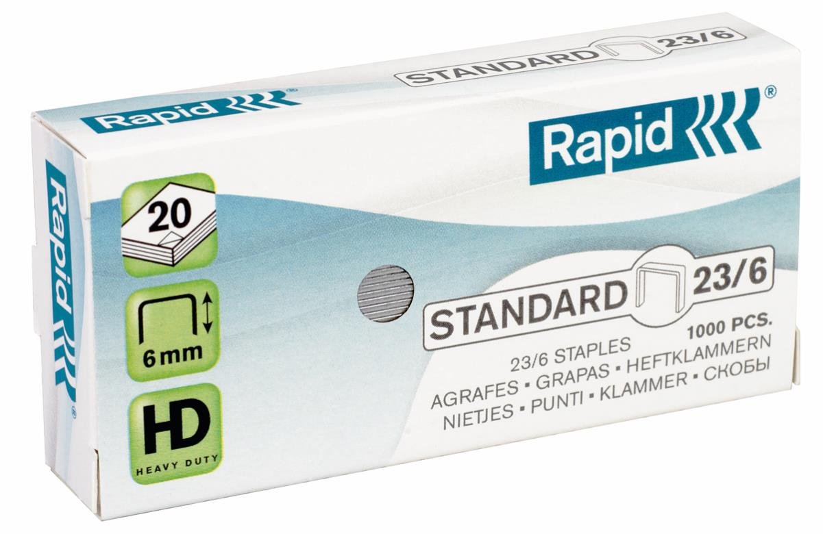 Rapid 23/6mm Standard Staples, For Stapling up to 20 Sheets, Use with Heavy Duty Staplers, Galvanised Wire, Box of 1000, 24869100