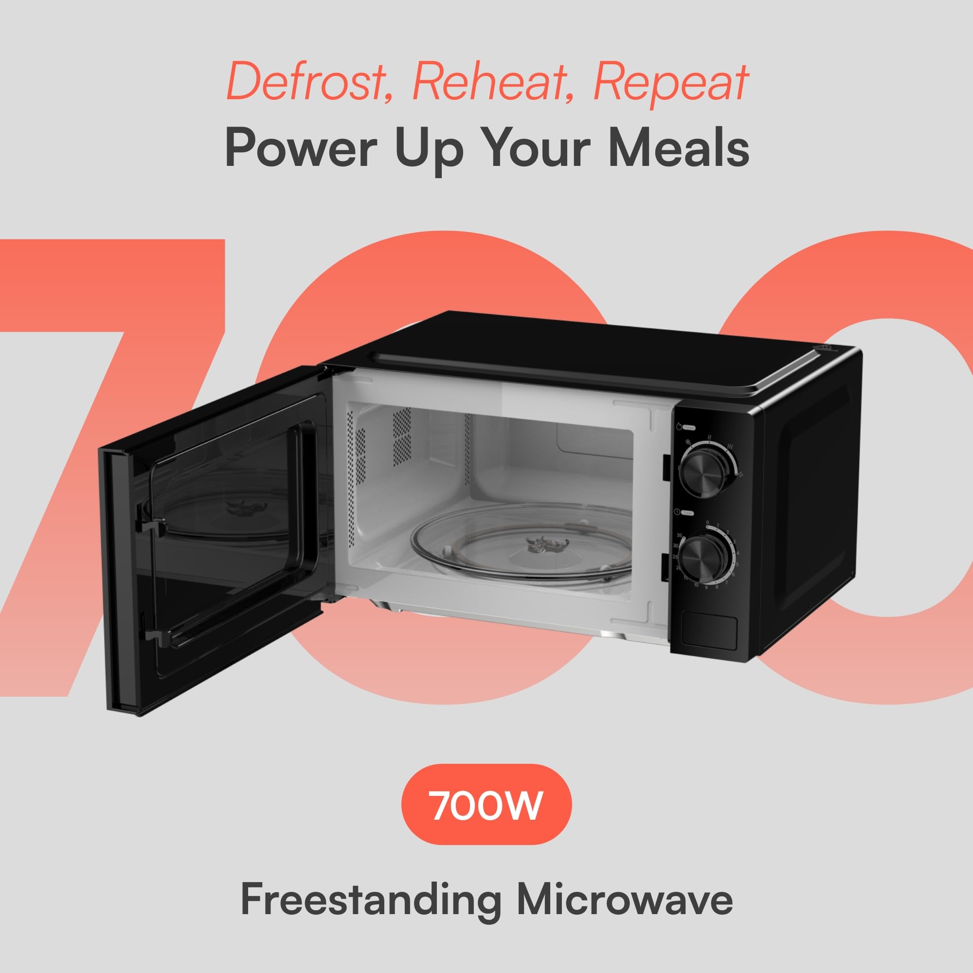 Cookology Freestanding 20L Microwave - 700W Power - 24.5cm Turntable - 5 Power Modes & Easy-to-Use Dial Timer - Quick Defrost Setting - Black — view 2