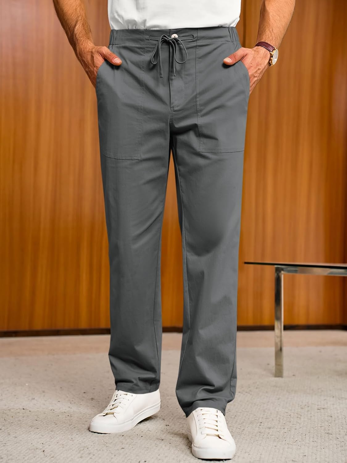 Runcati Mens Casual Linen Pants Drawstring Elastic Waist Trousers Lightweight Loose Fit Beach Pants - Image 2