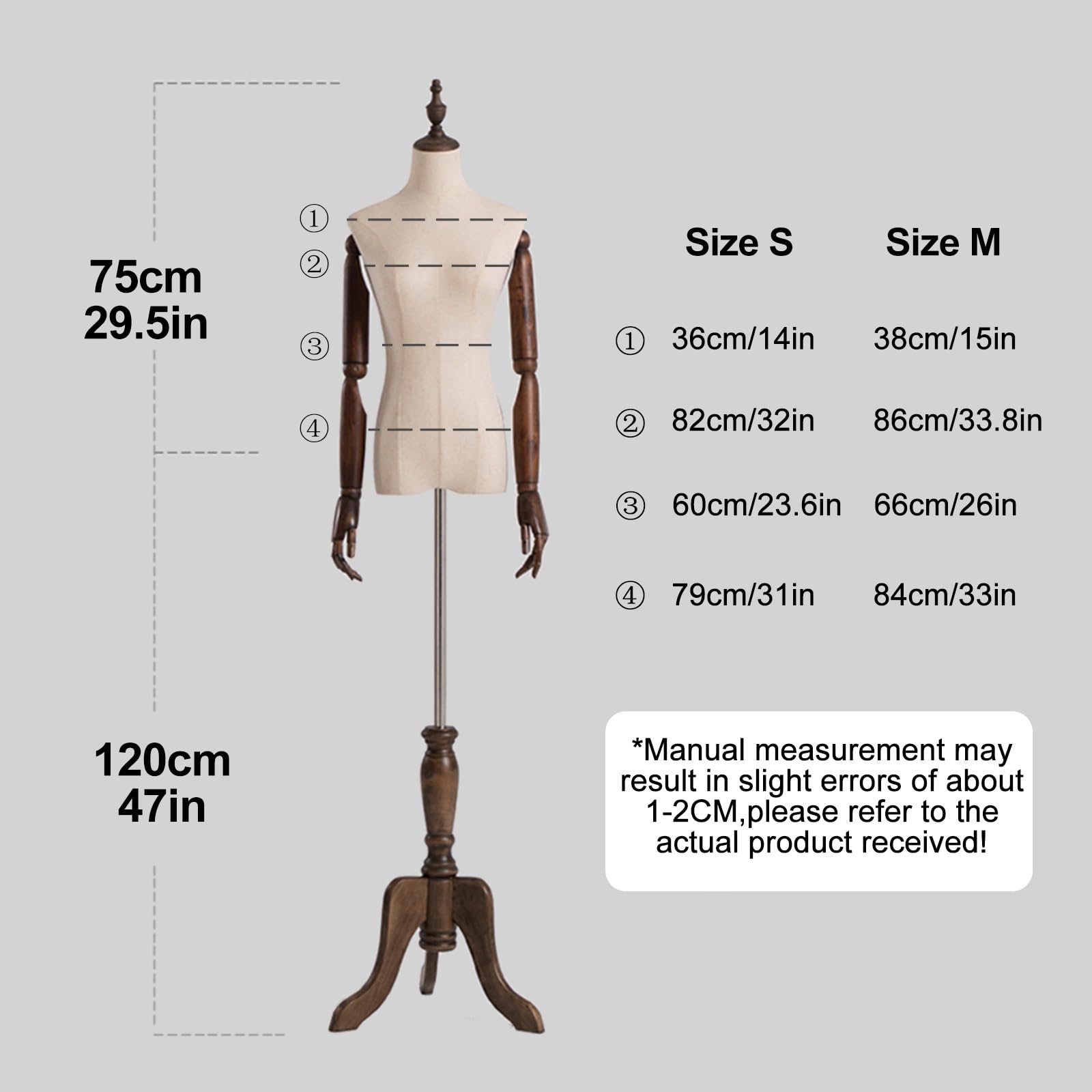 Manichino Sartoriale Donna, Mannequin Body con Braccia in Legno Snodabili, Manichino Mezzo Busto con Treppiede Regolabile, Modello Abbigliamento per Esposizione/Fotografia/Cucito(Brown,M)