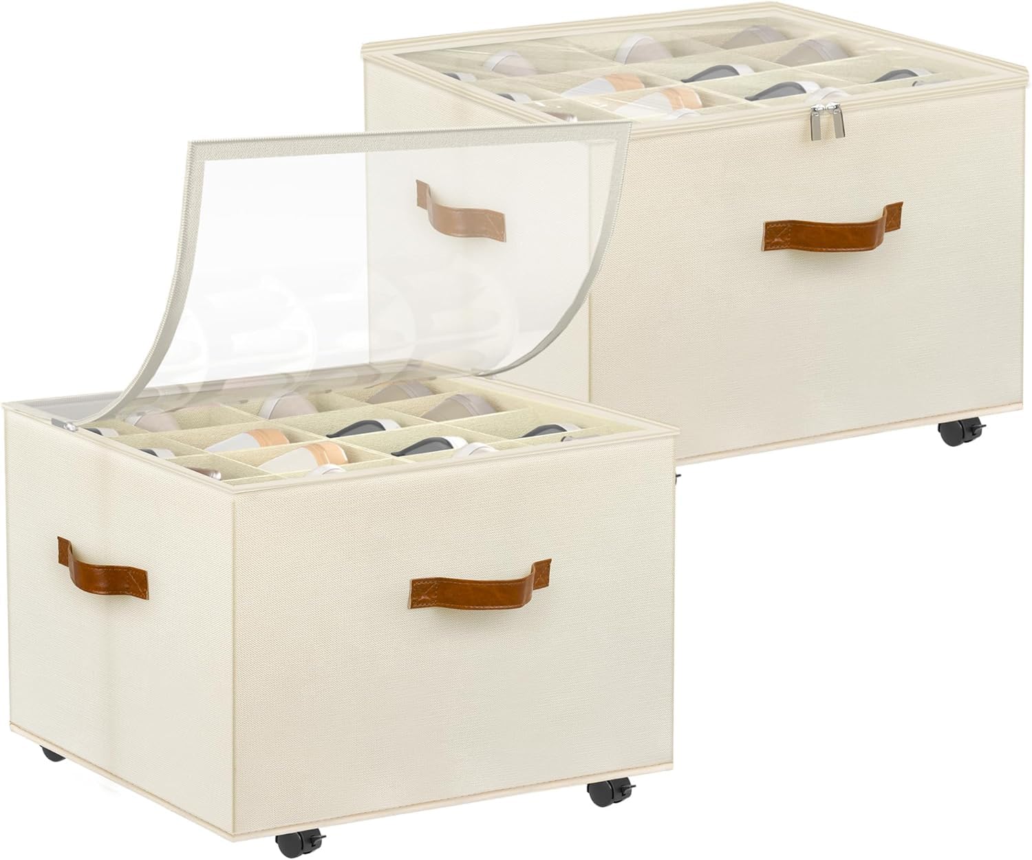 2 Piezas Organizador de zapatos, Cajas almacenaje zapatos con ruedas, tapa transparente y divisores ajustables, para 16-32 pares