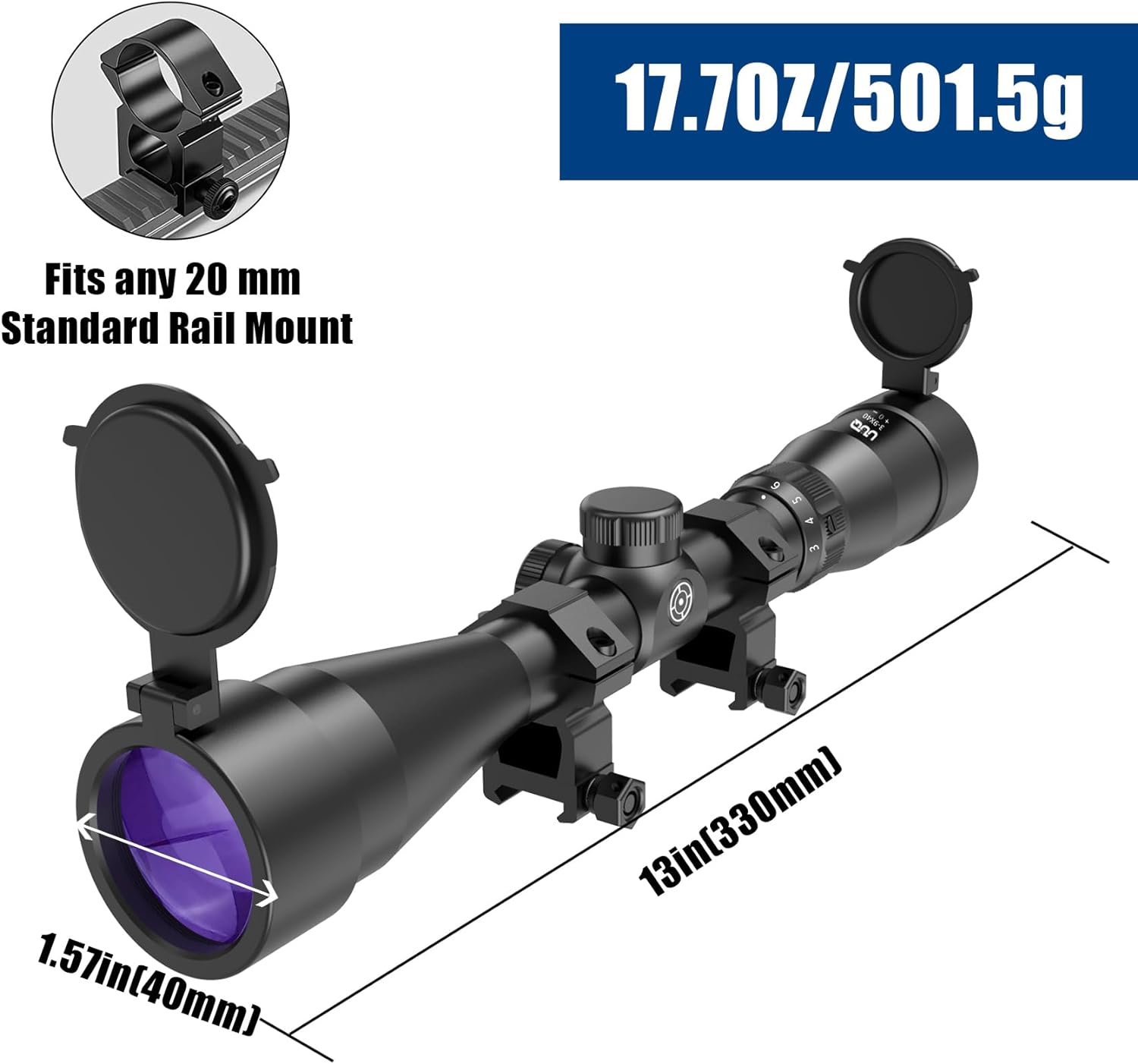 UUQ 3-9×40 Rifle Scope with Red/Green Illumination and Rangefinder Reticle-Fits 20mm Free Mounts,Waterproof and Fog-Proof