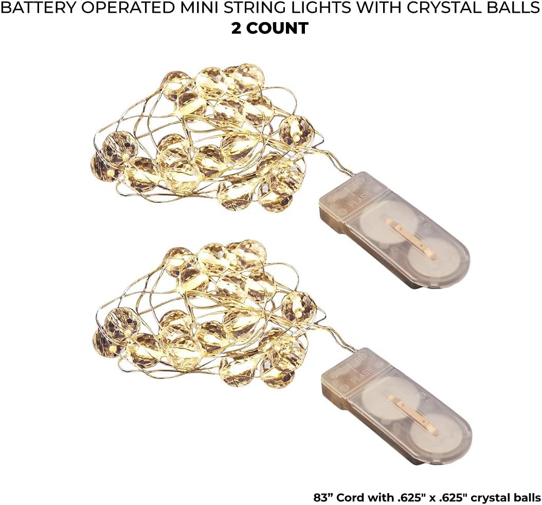 LumaBase Battery Operated Mini String Lights with Crystal Balls, 20 LED Lights on 83" Cord, Set of 2, 65602