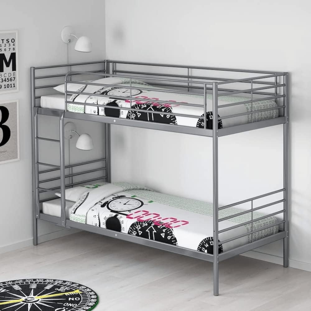 Karnak Metal Steel Bunk Bed Heavy Duty Silver & Guard Rails Sturdy for Home, Baby Home, Apartment Studio Room Size 90x190 cm