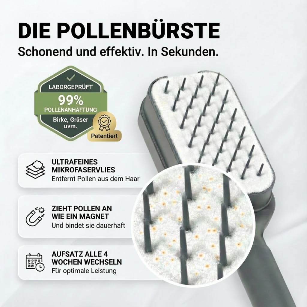 Pollenfilter Haarbürste – Entfernt Pollen aus Haaren | Bei Pollenallergie & Heuschnupfen | Für glatte und feine Haare | Set inkl. Filter & Beutel | Ideal für Wohnung, Park, Festival, Camping & Hund