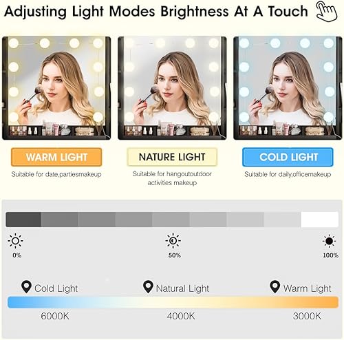 Miniatura 7 de Vabches Escritorio de tocador con luces y espejo, mesa de tocador de maquillaje con estación de carga, juego de tocador grande de 45 pulgadas con