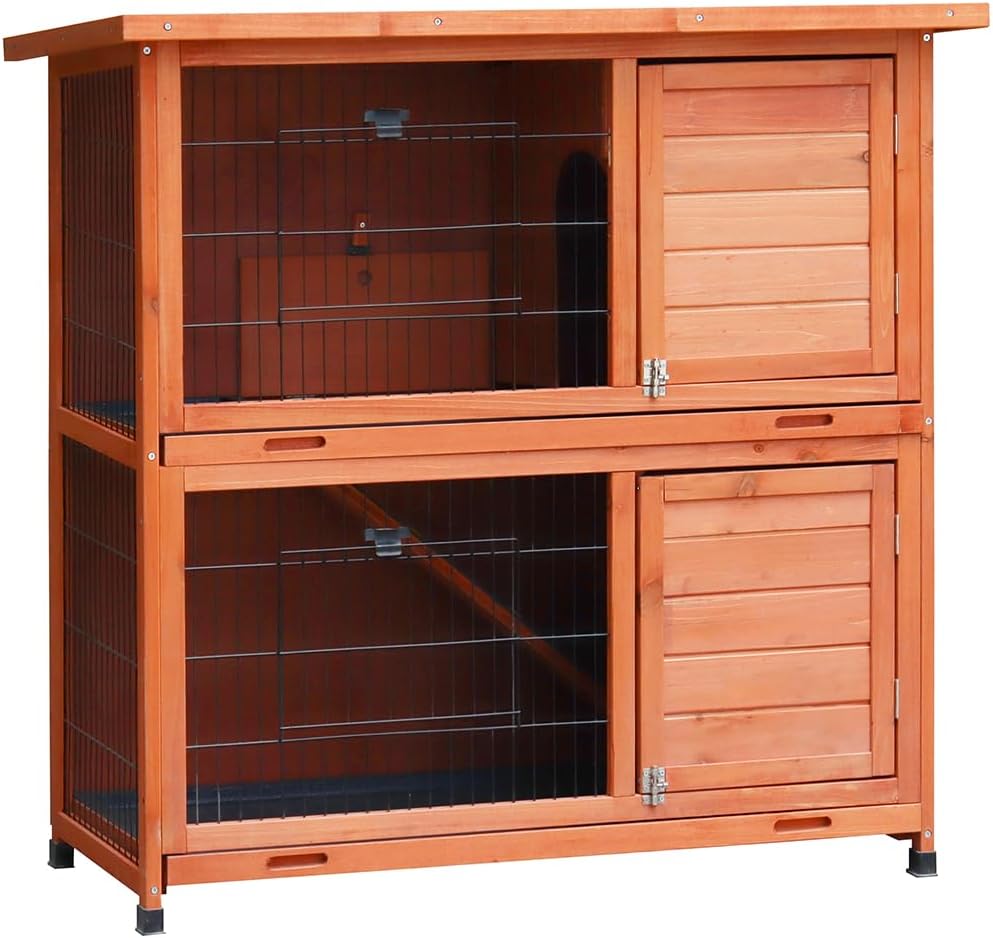 2-Story Rabbit Hutch for 2-4 Rabbits, Indoor Outdoor Bunny Cage with Ramp, 2 Pull-Out Tray, Weatherproof Roof, Wooden Rabbit Hutches Small Animals Habitat for Guinea Pigs, Chinchilla Pet House,Orange