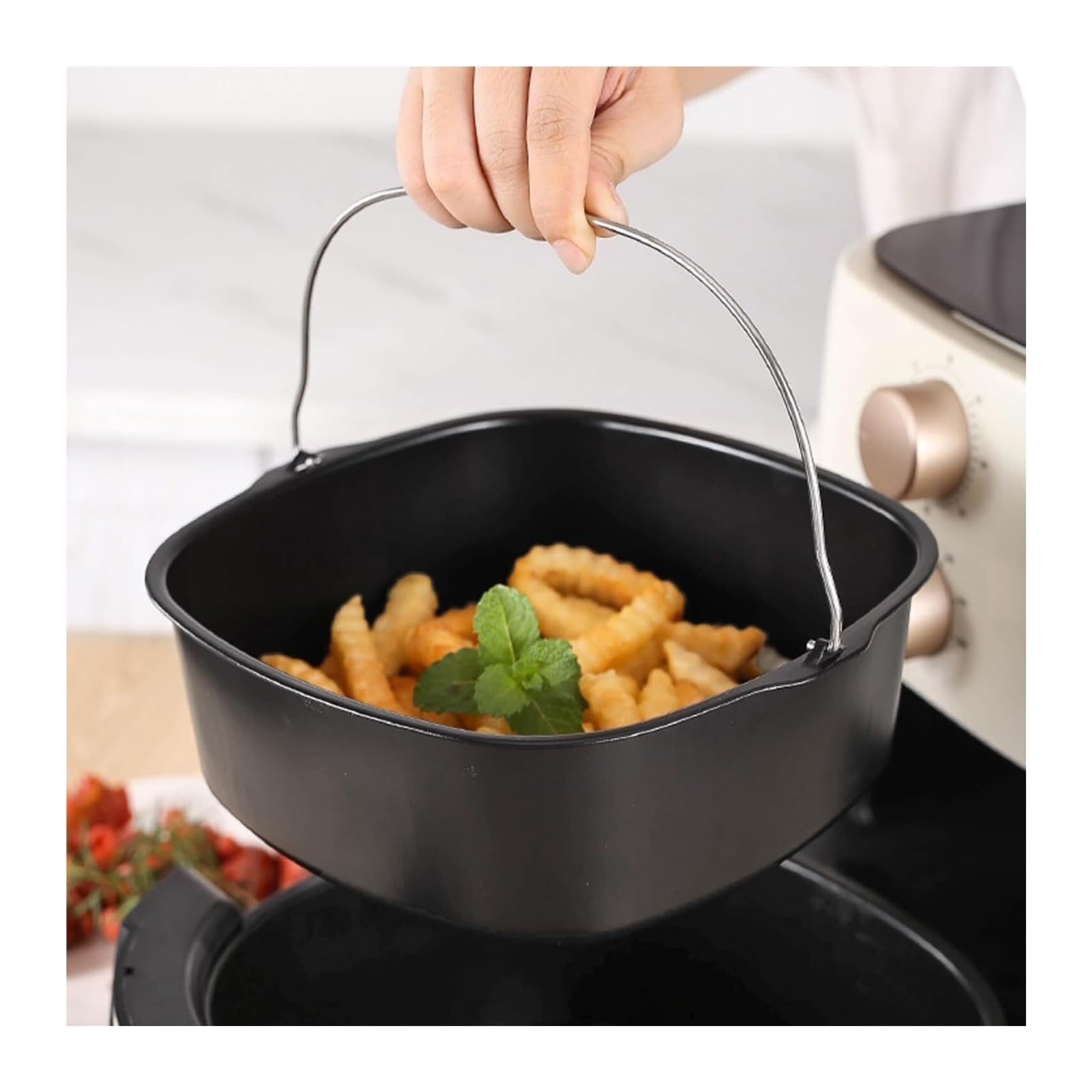 Cesta for freidora de aire cuadrada de acero antiadherente | Plato de barril, cesta for asar, molde for hornear, accesorio de cocina(21cm-8inch)