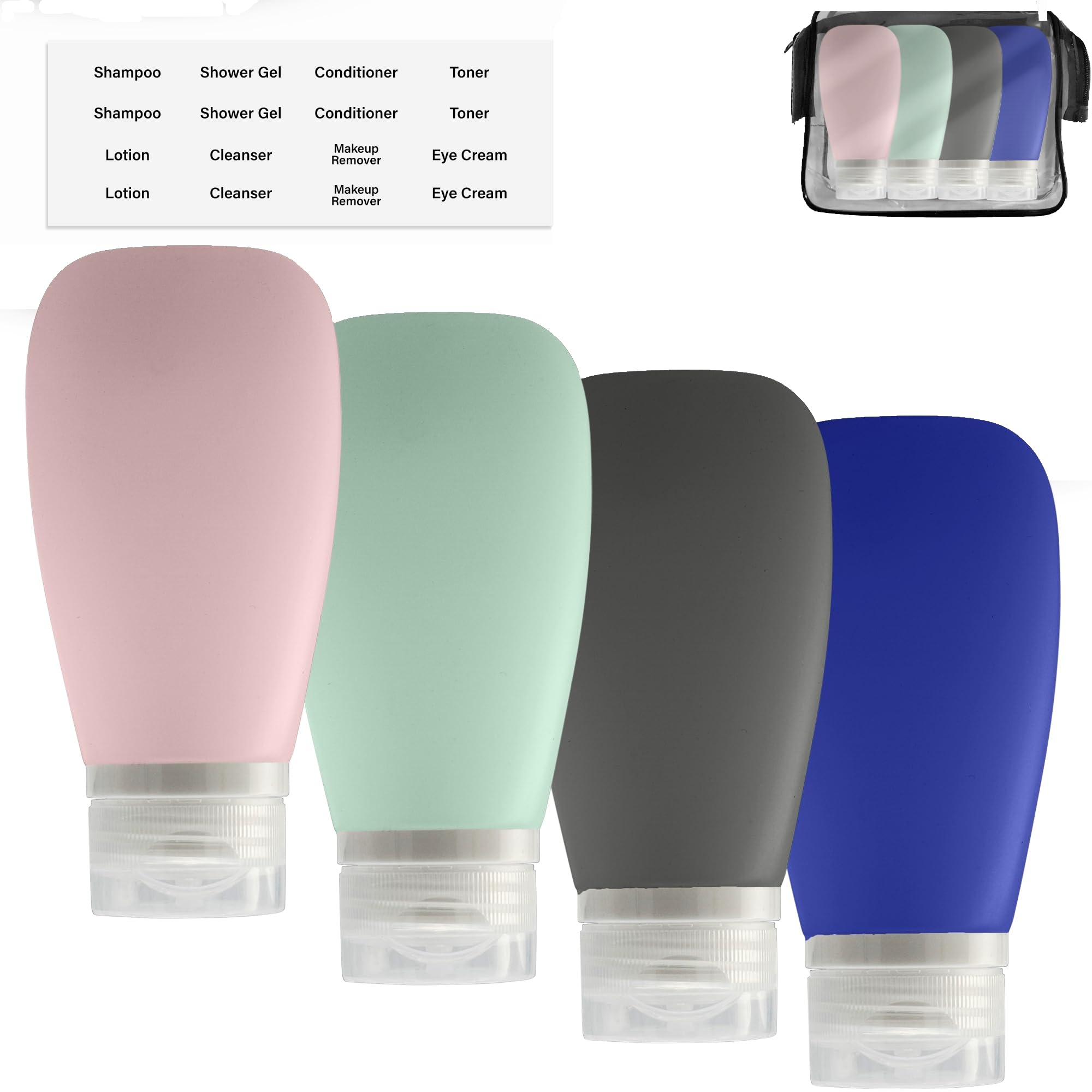 LYOB Travel Bottles for Toiletries, TSA Approved 3oz (90ml) Leak Proof Silicone Refillable Squeeze Travel Size Containers BPA Free for Cleansers,